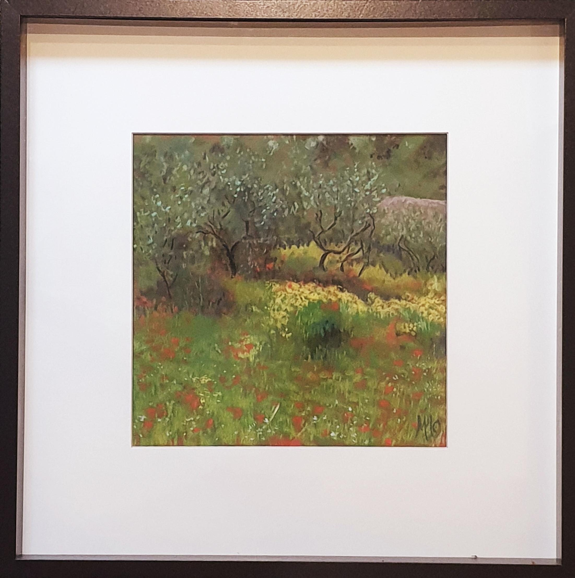 Olive Grove and Poppies, Contemporary Impressionist Pastel on Paper. - Painting by Miranda McArthur 