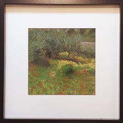 Olive Grove and Poppies, Contemporary Impressionist Pastel on Paper.