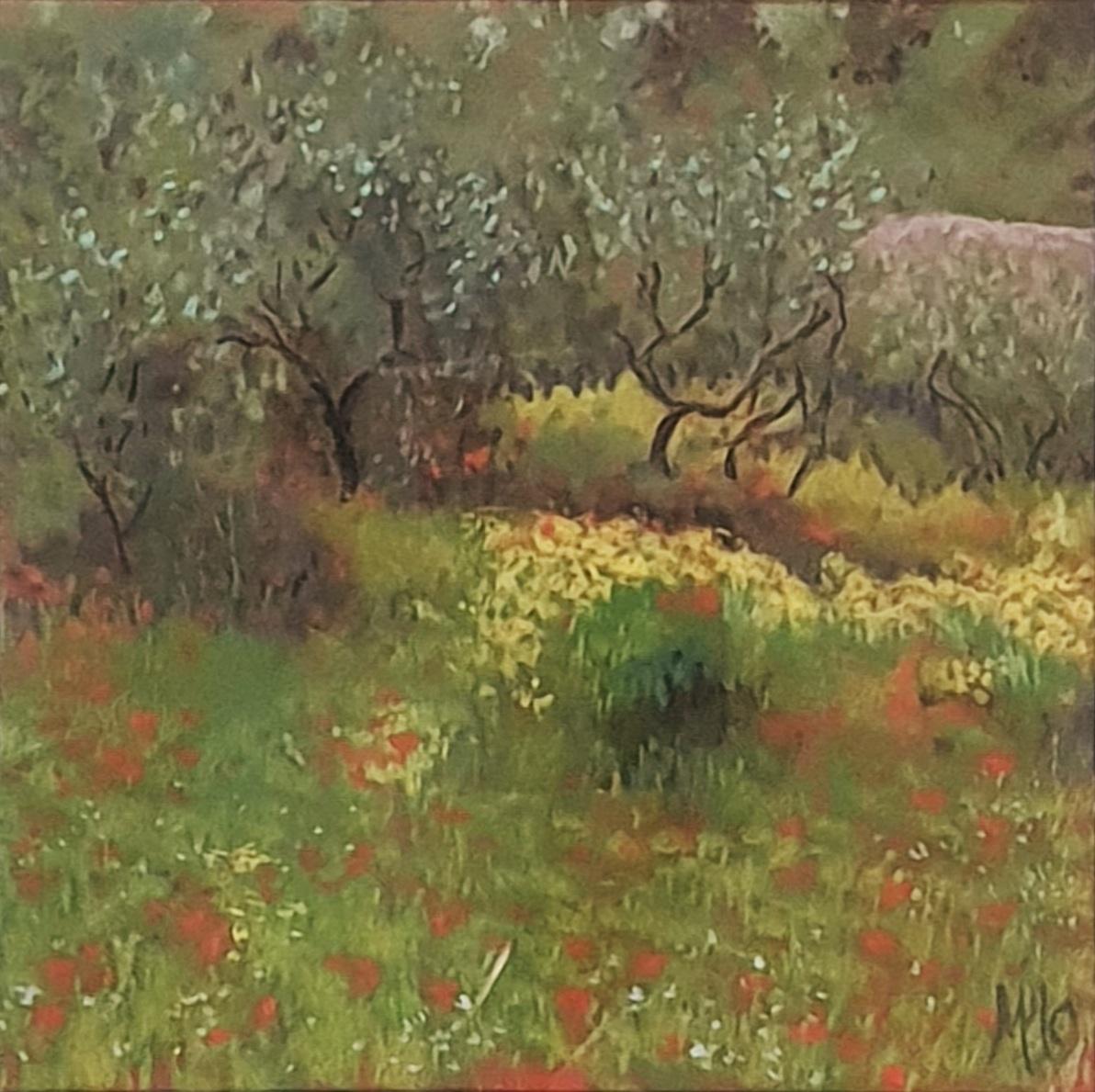Miranda McArthur  Landscape Painting – Olivenhain und Mohnblumen, Contemporary Impressionist Pastell auf Papier.