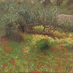 Olivenhain und Mohnblumen, Contemporary Impressionist Pastell auf Papier.