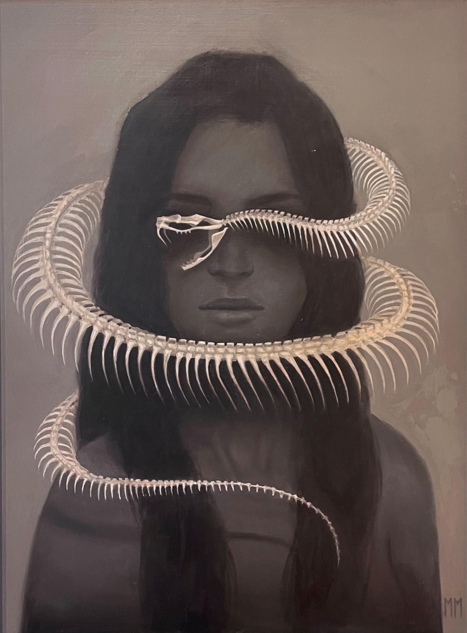 "Solitude" by Miranda Meeks is an original oil painting depicting a female model with a snake skeleton delicately slithering around her. 

Miranda Meeks is a professional illustrator known for her haunting and ethereal digital illustrations. The