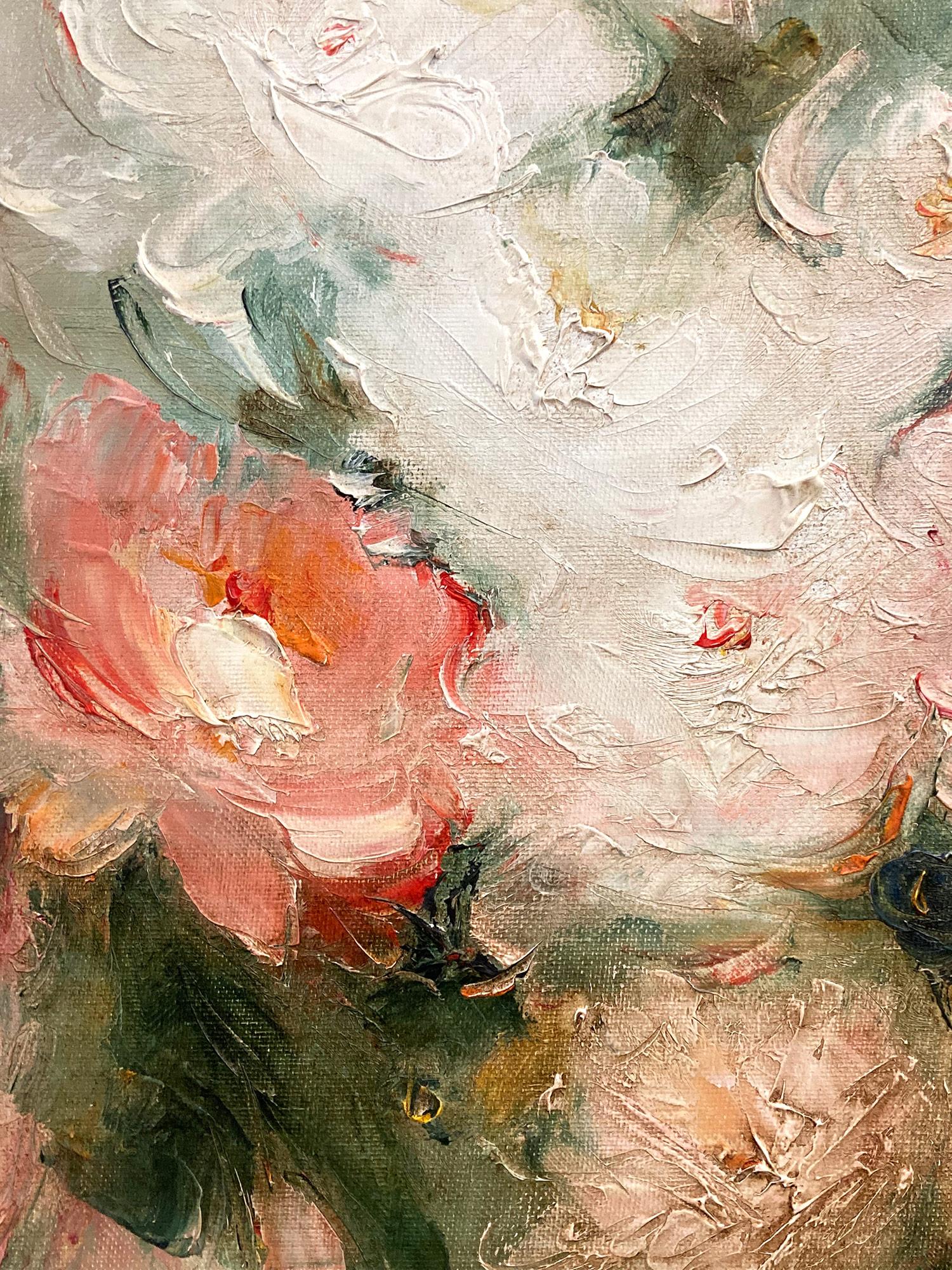 A charming oil painting on canvas depicting a colorful floral still life in a pink vase with pops of light pinks and whites. The flowers depicted are a bright bunch of peonies  The subtle colors and quick brush strokes are what make this painting so