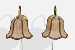 Miranda, Wall Lights, Brass, Raffia, Sweden, 1970s