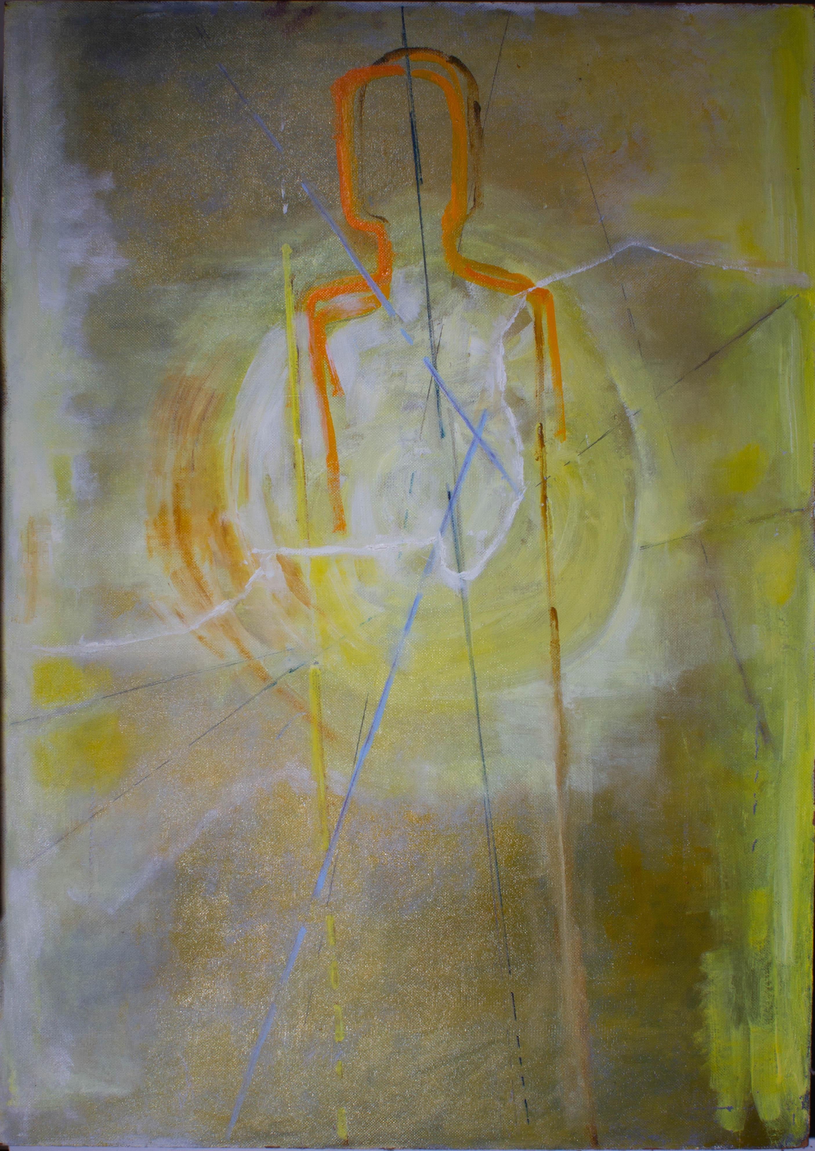 A large and engaging 20th Century abstract showing the vague and ethereal outline of a figure set against a bright yellow glowing, light. Unsigned, on board. On board.













