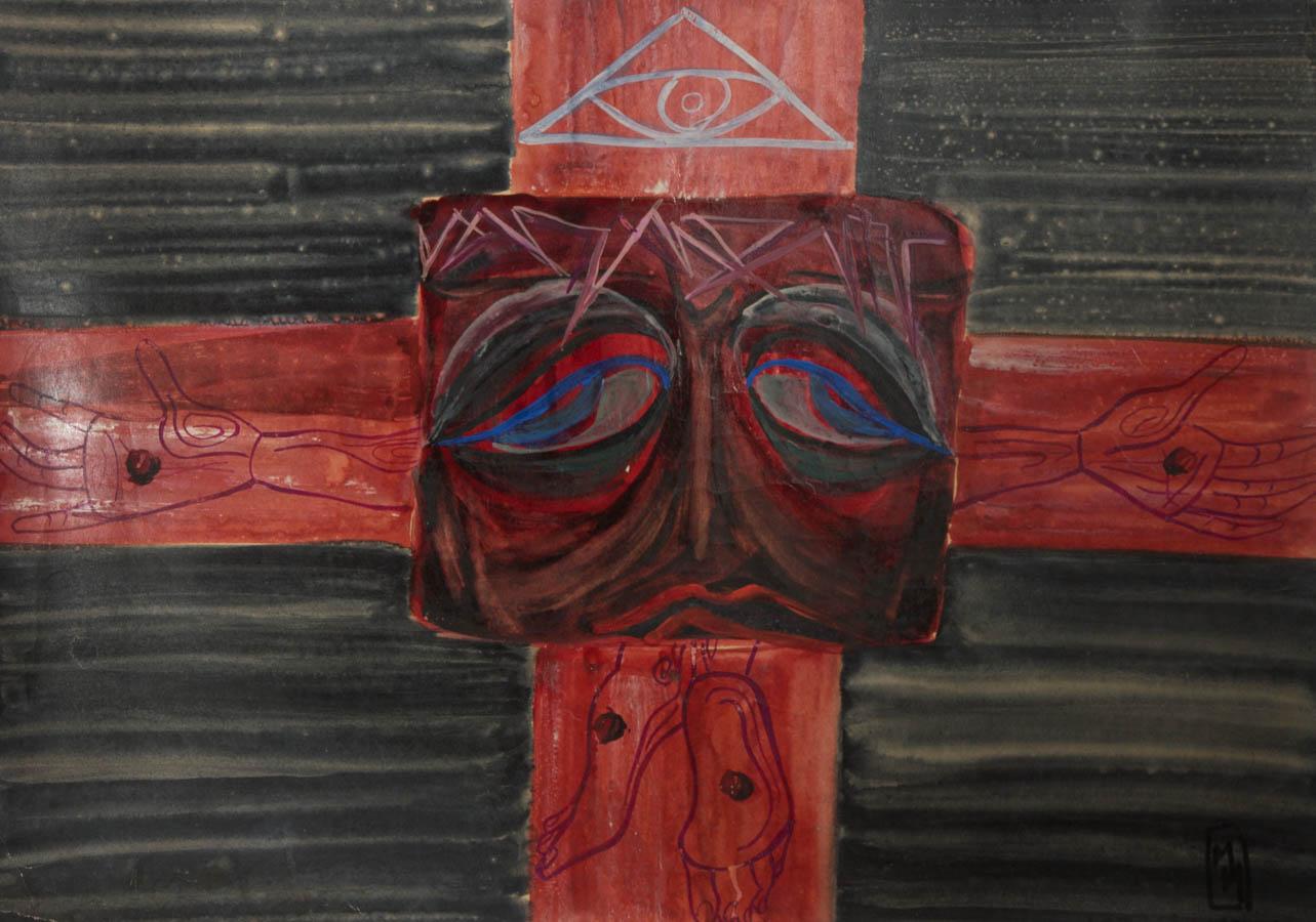A bold and intense study of Jesus on the cross. Inscribed 1972, London to the lower right corner. Signed with monogram. On card.