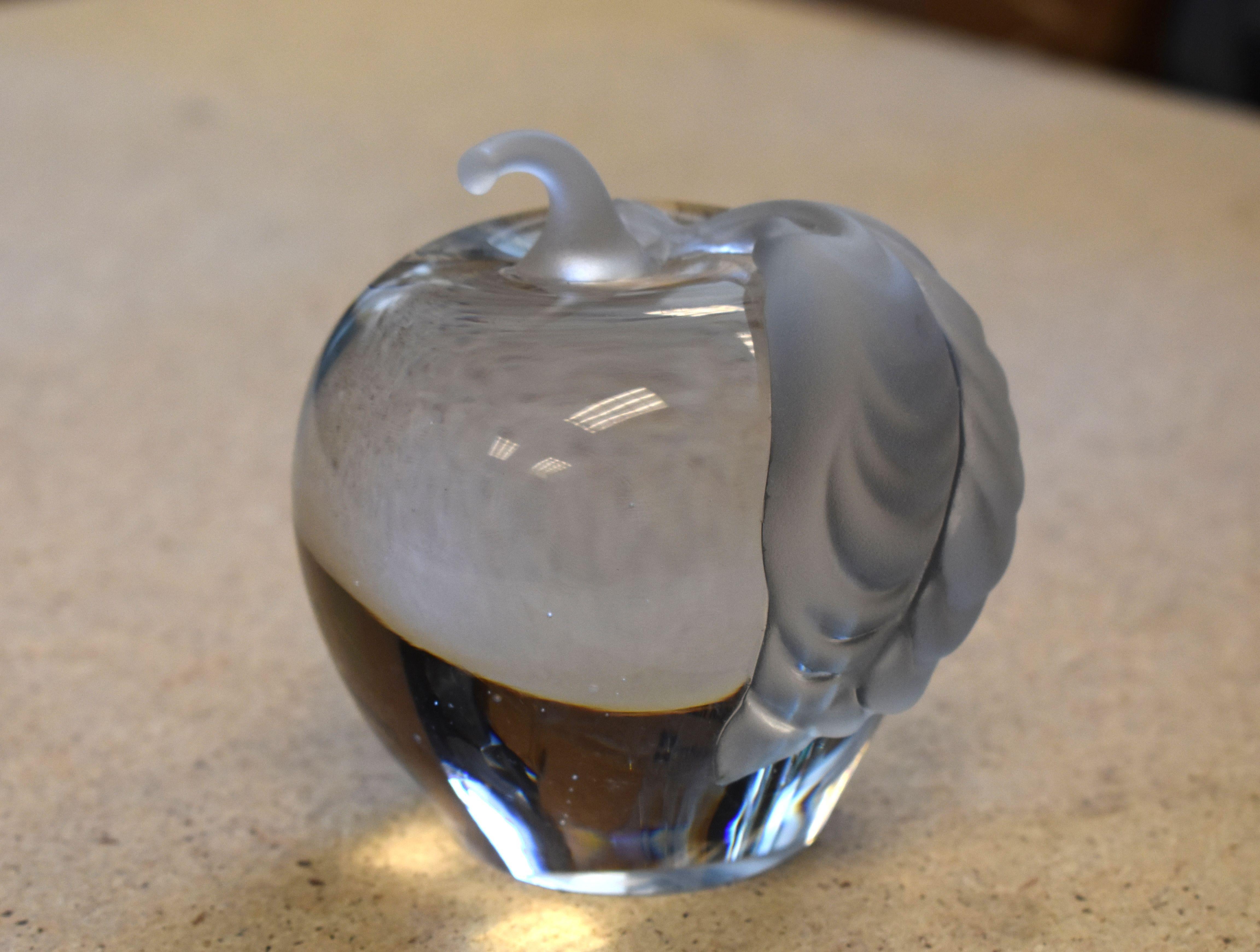 American Mireau Art Glass Apple Frosted Leaf Paperweight Signed For Sale