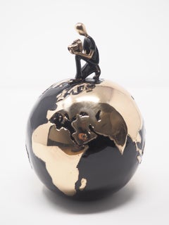 "Capturing Moments" figurative bronze sculpture relax carefree boy travel life