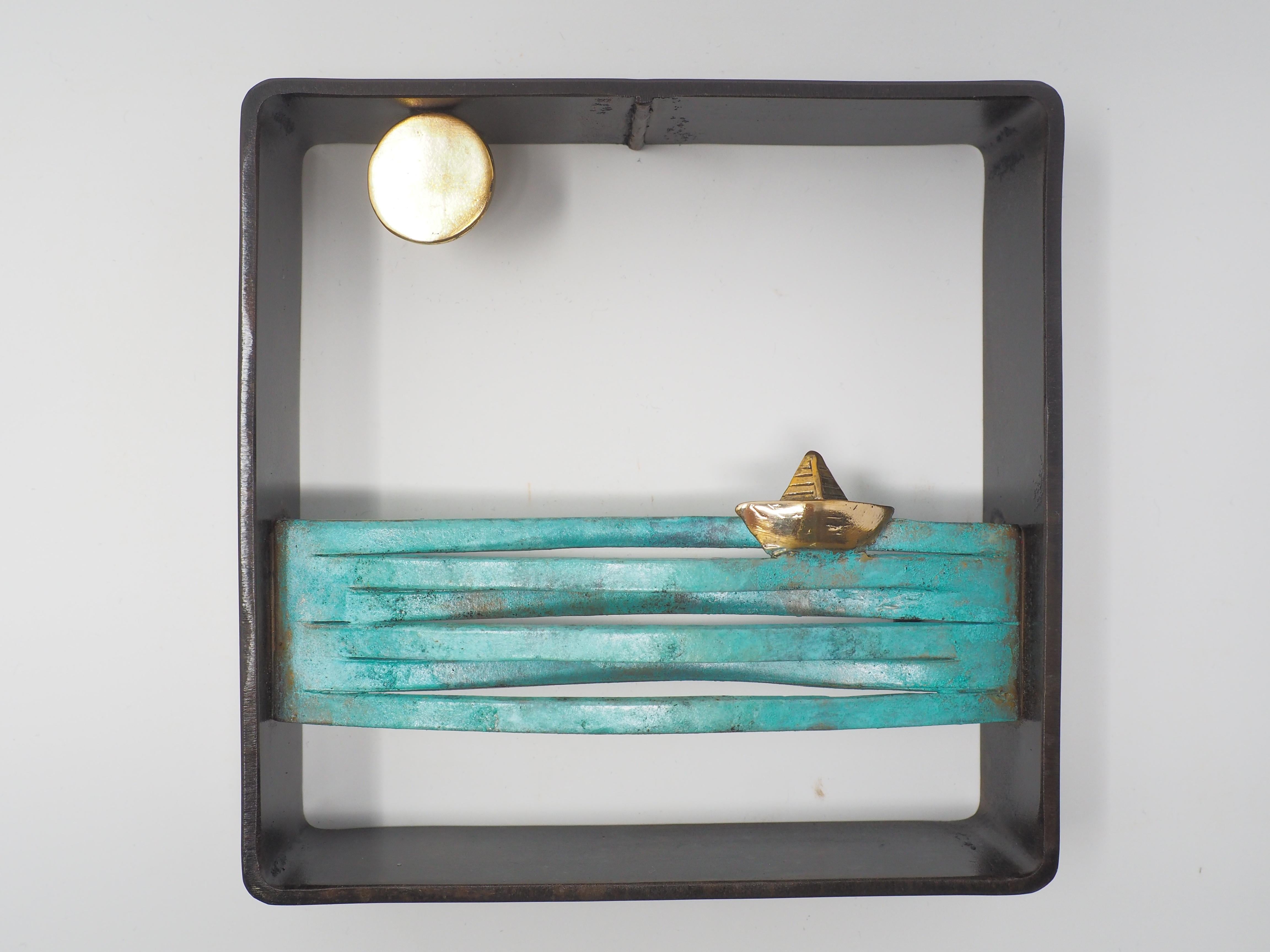 Mireia Serra Figurative Sculpture - "Gentle Journey" figurative bronze wall sculpture ship life voyage peace freedom