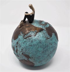 "Inner World" contemporary small figurative bronze table sculpture girl freedom