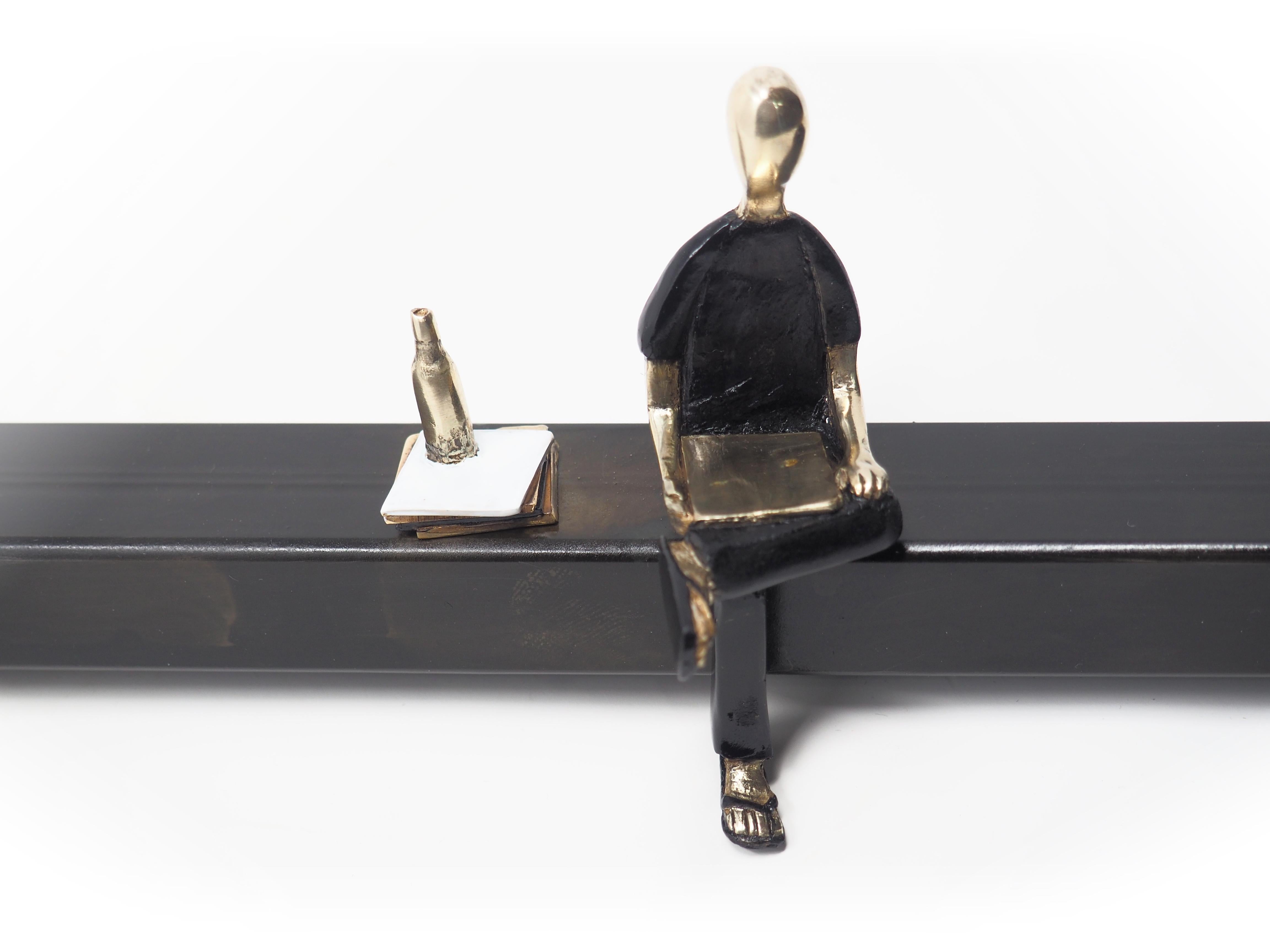 Message in the bottle- bronze mural sculpture with man and record player - Contemporary Sculpture by Mireia Serra