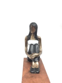 Quiet Sunset- bronze mural contemporary small figurative sculpture of a woman