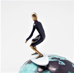 "Read the Ocean" figurative bronze table sculpture courage boy enjoy life surf