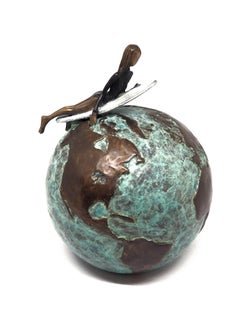"Ride That Wave" contemporary small figurative bronze sculpture girl surfing