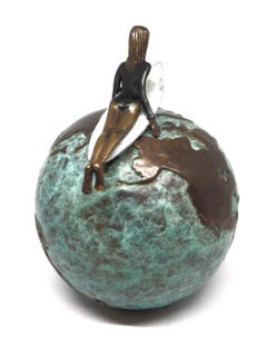 "Ride That Wave" contemporary small figurative bronze sculpture girl surfing
