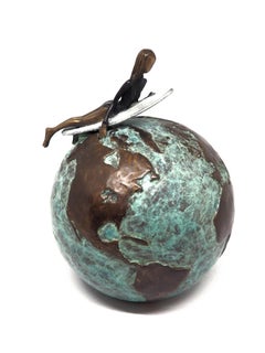 "Ride That Wave" contemporary small figurative bronze sculpture girl surfing 