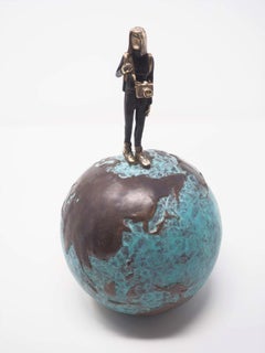 "The Art of Adventure Blue" contemporary figurative bronze sculpture girl travel