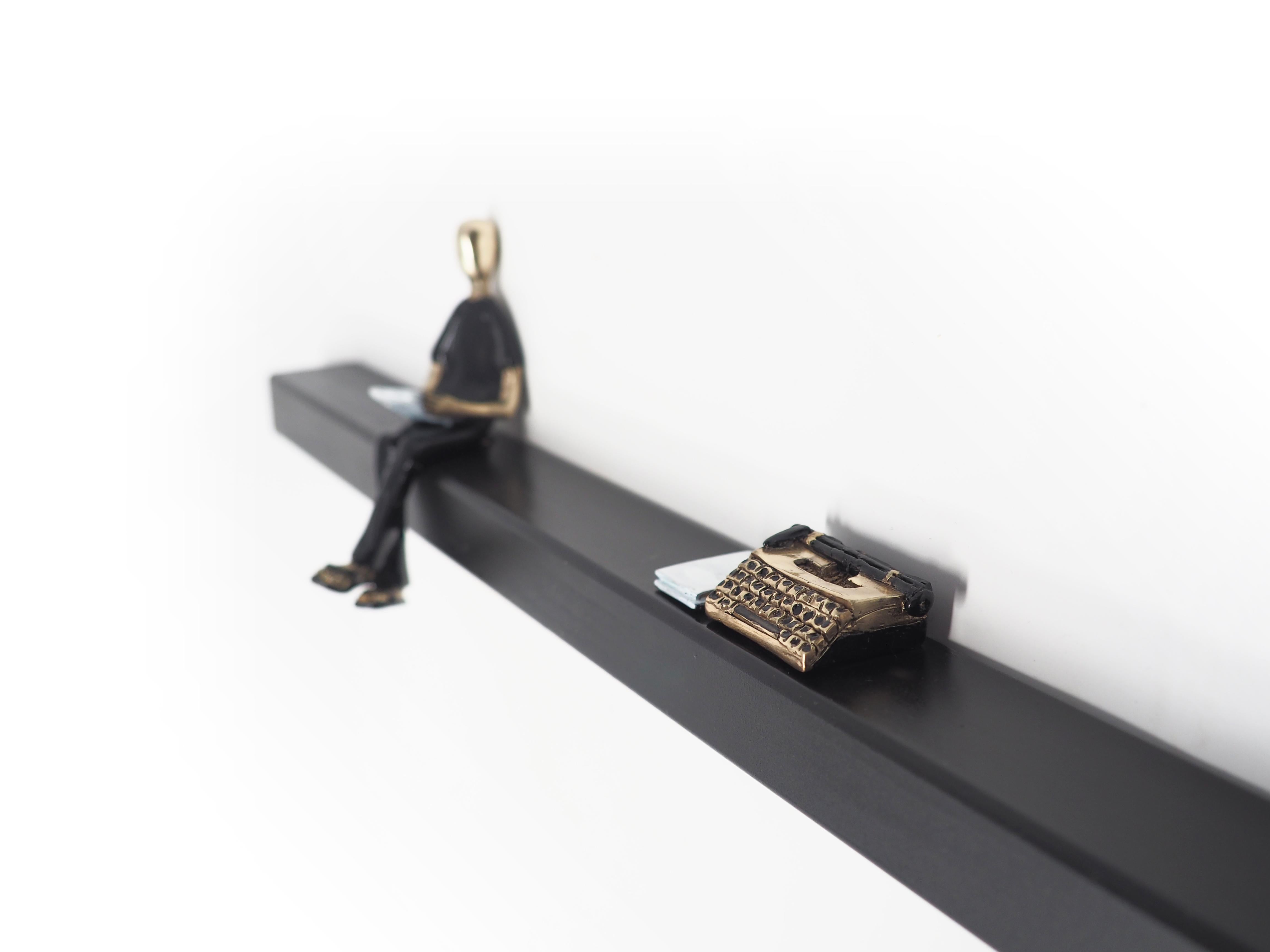 Mireia Serra Figurative Sculpture - The writer- bronze mural contemporary sculpture with man and typewritter