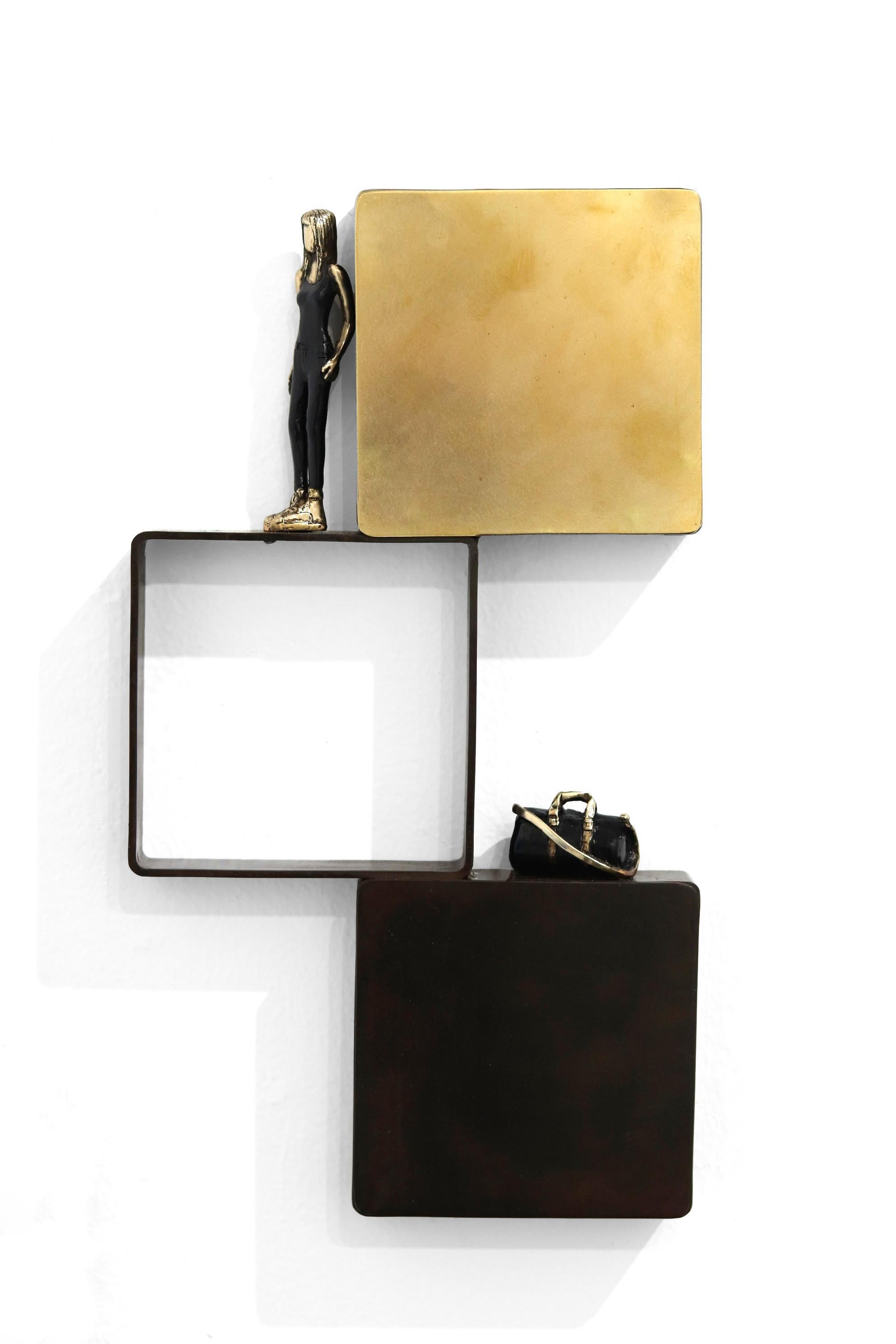 Mireia Serra Figurative Sculpture - Travel Light - Figurative Bronze Inspiring Iron Metal Wall Sculpture