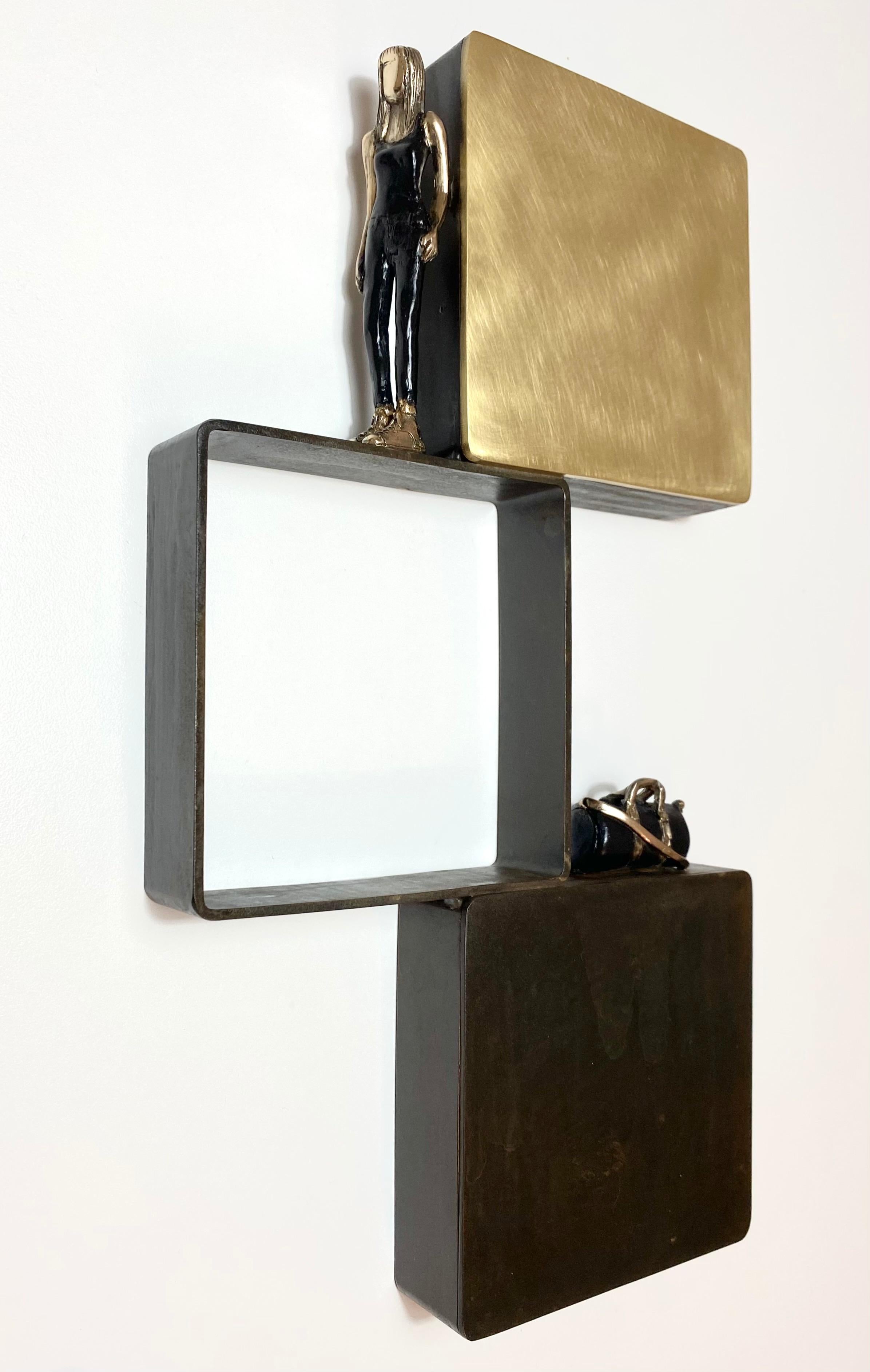 "Travel Light" contemporary figurative bronze brass wall sculpture freedom girl