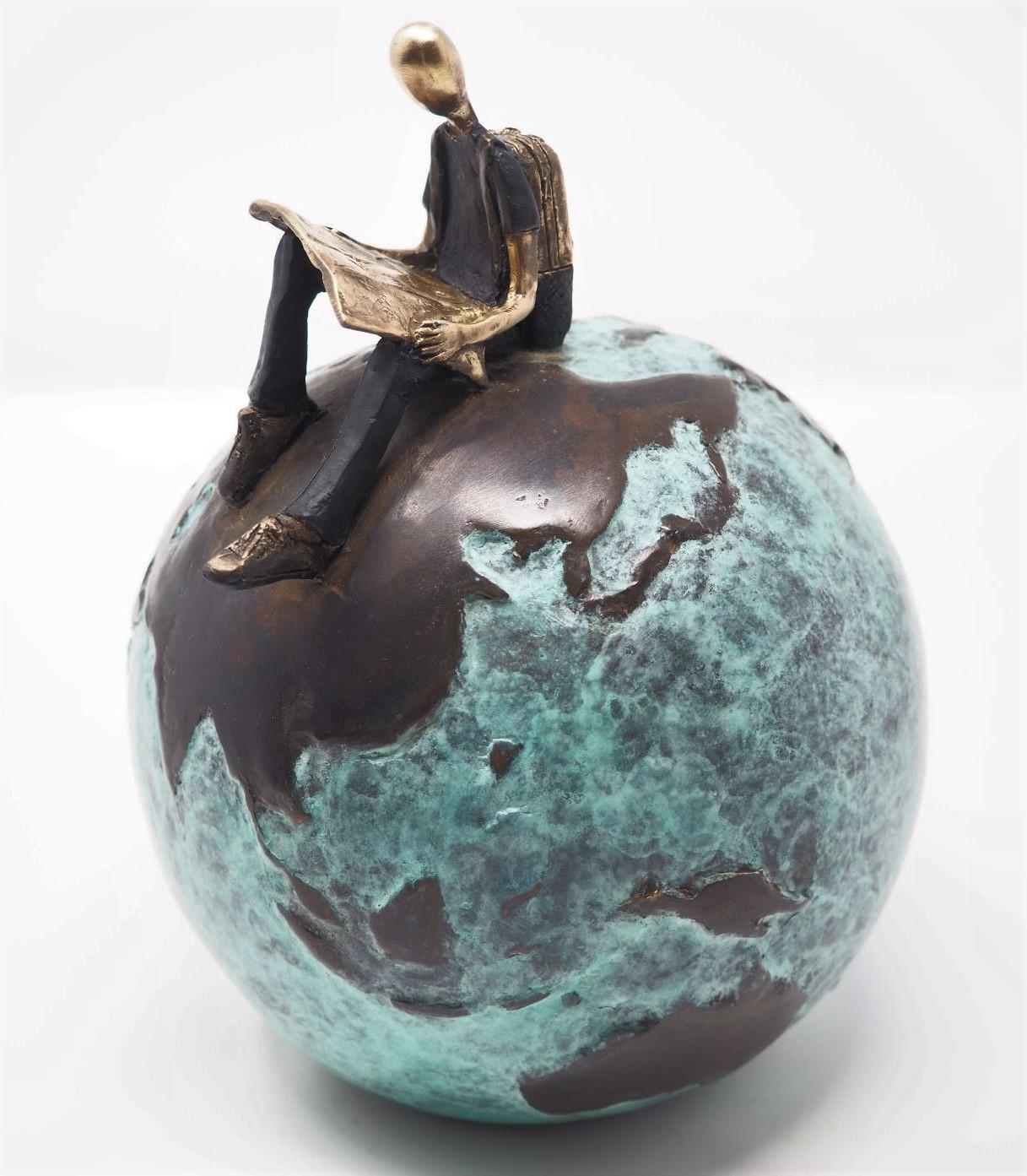 Mireia Serra Figurative Sculpture - "Unknown Land" contemporary figurative bronze table sculpture adventure courage 