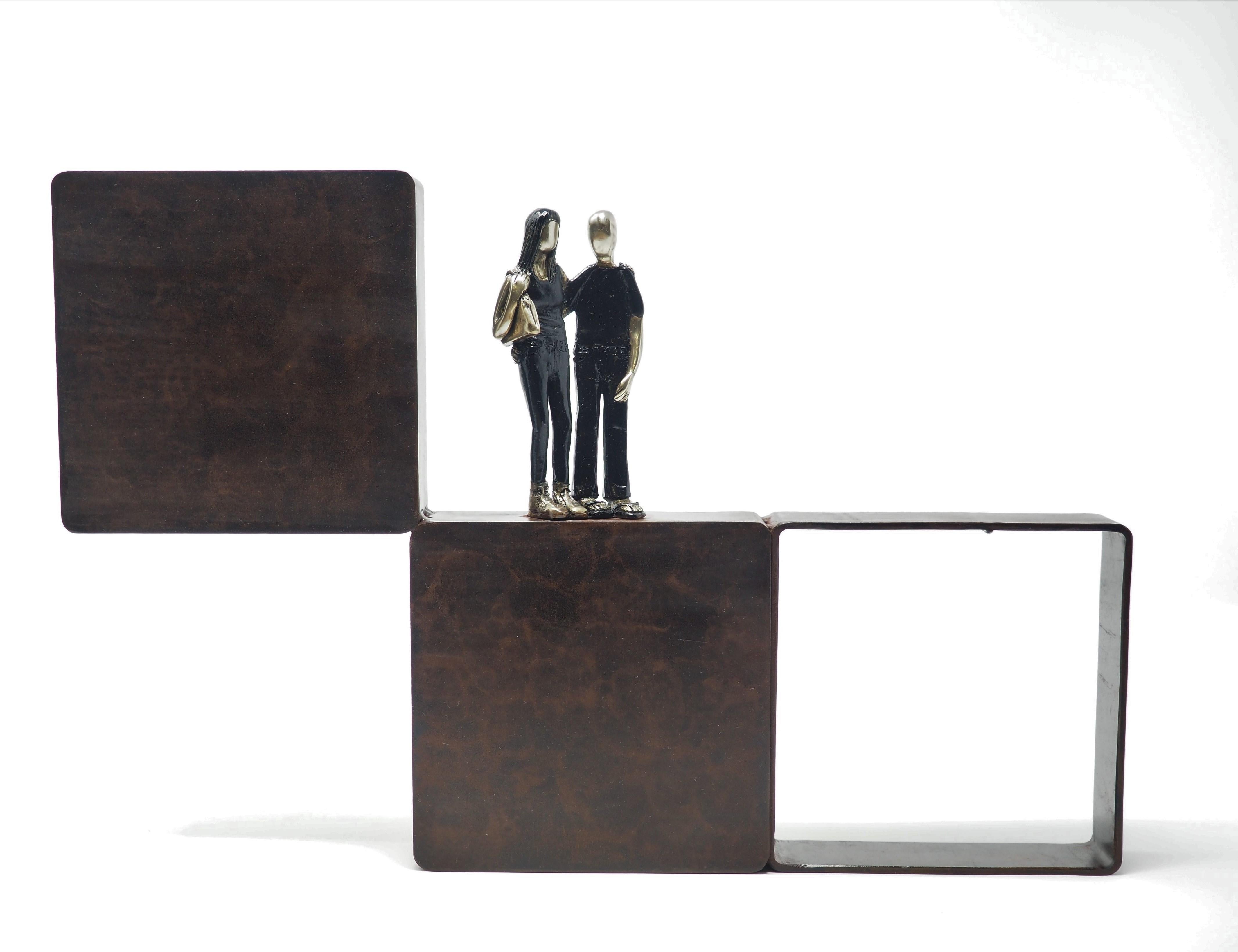 Mireia Serra Figurative Sculpture - "Weekend Getaway" figurative bronze wall sculpture love couple travel enjoy life
