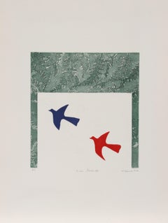 Pájaros, Flores III, Grabado calcográfico y aguatinta de arte popular de Mireille Kramer