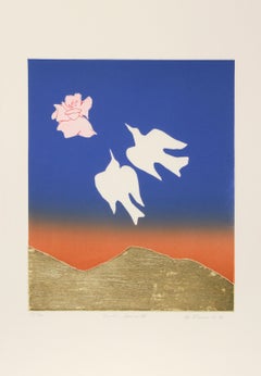 Pájaros, Flores IV, Grabado de arte popular de Mireille Kramer