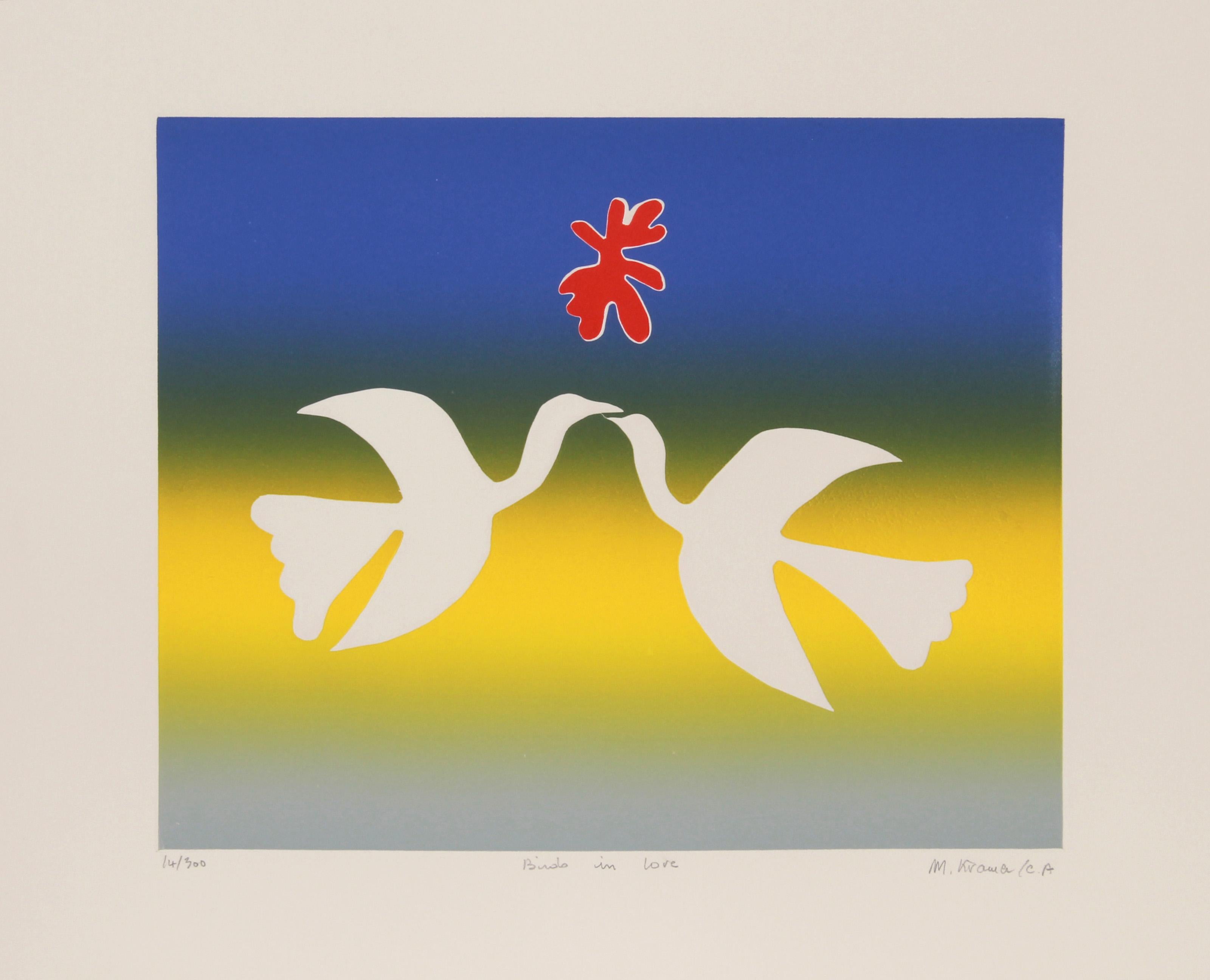 Birds in Love, Folk Art Etching by Mireille Kramer