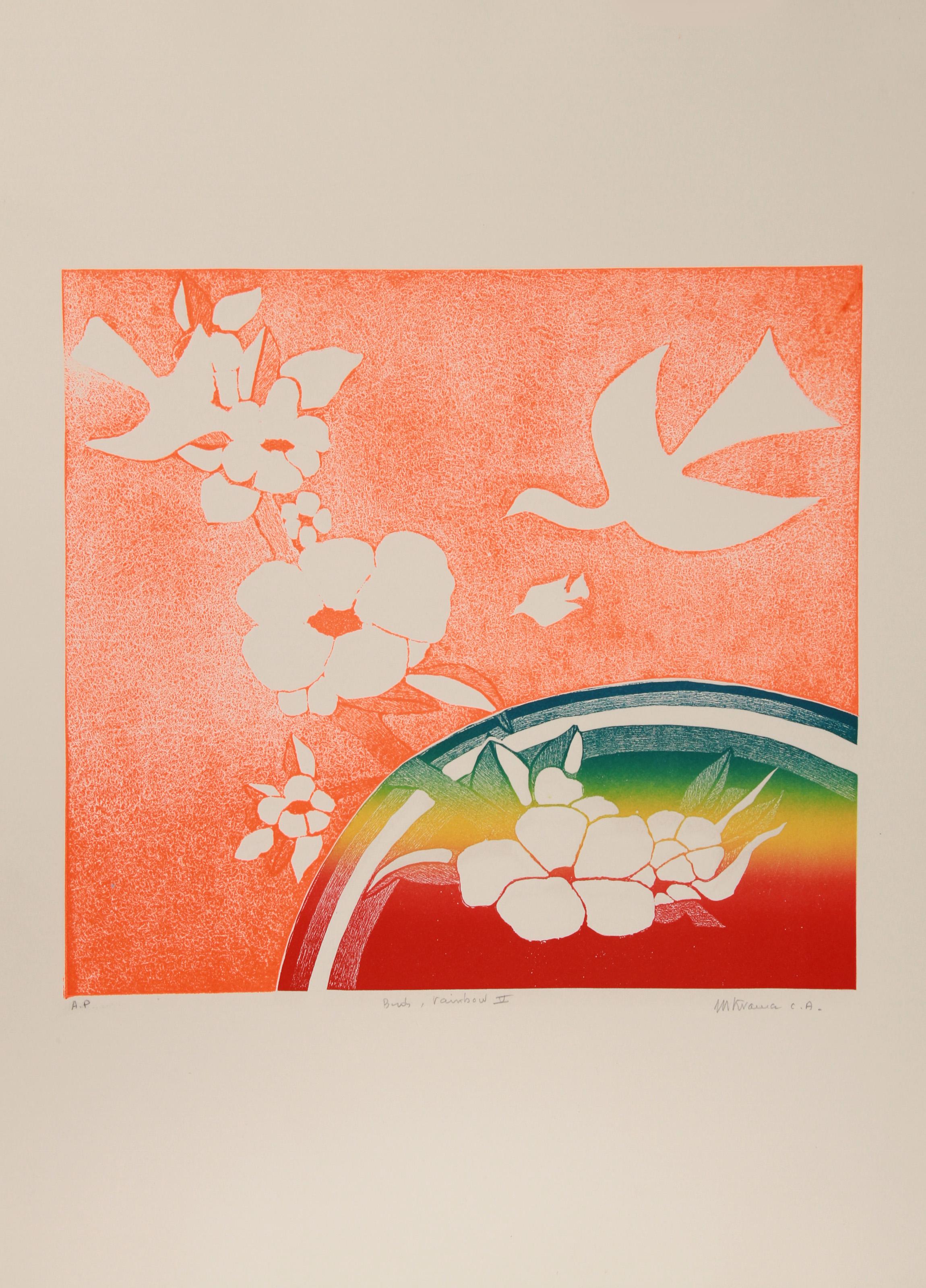 Birds, Rainbow V, Folk Art Aquatint Etching by Mireille Kramer