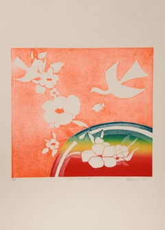 Pájaros, arco iris V, aguafuerte de arte popular de Mireille Kramer