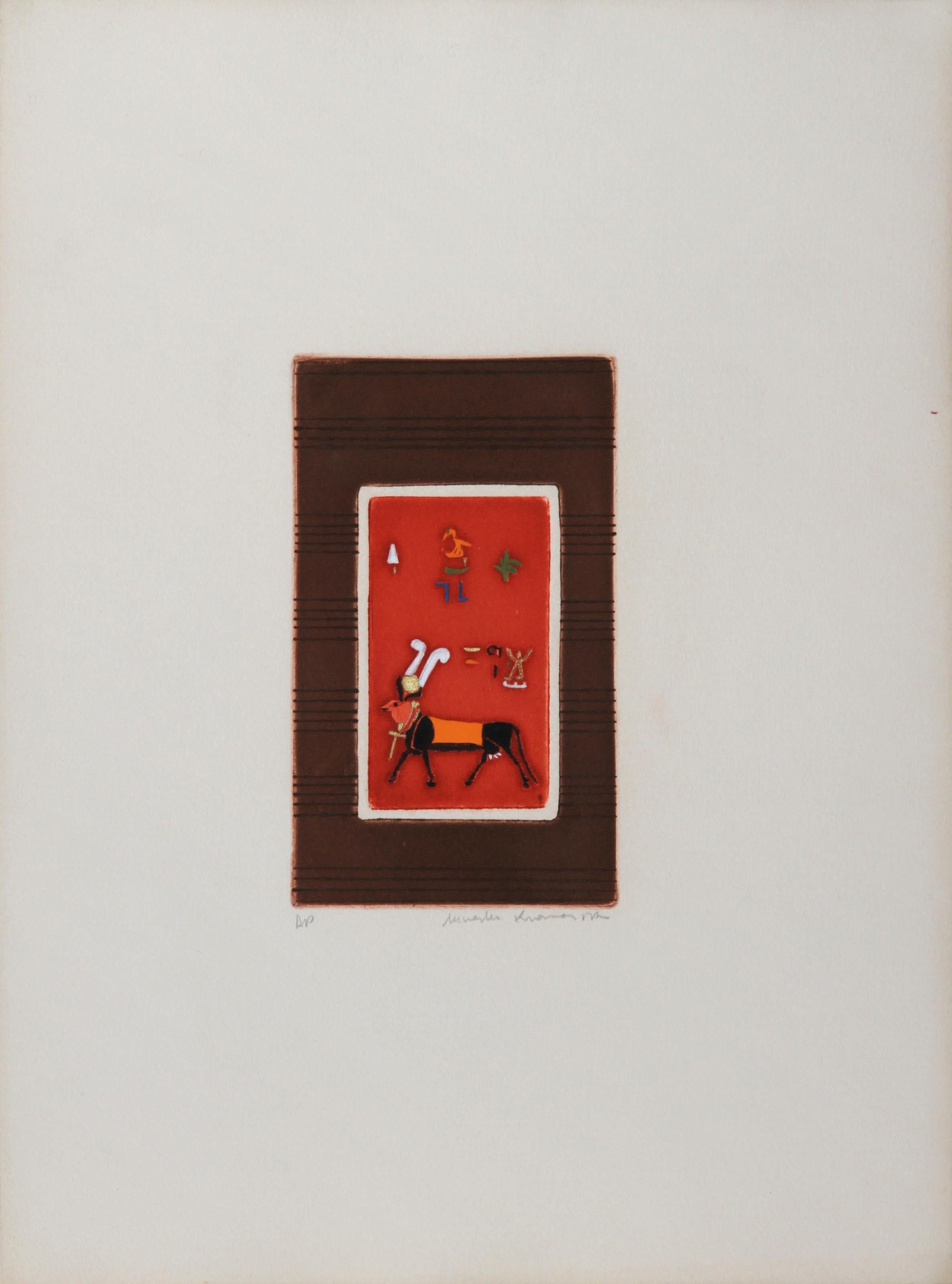 Egyptian Theme 3, Folk Art Aquatint Etching by Mireille Kramer