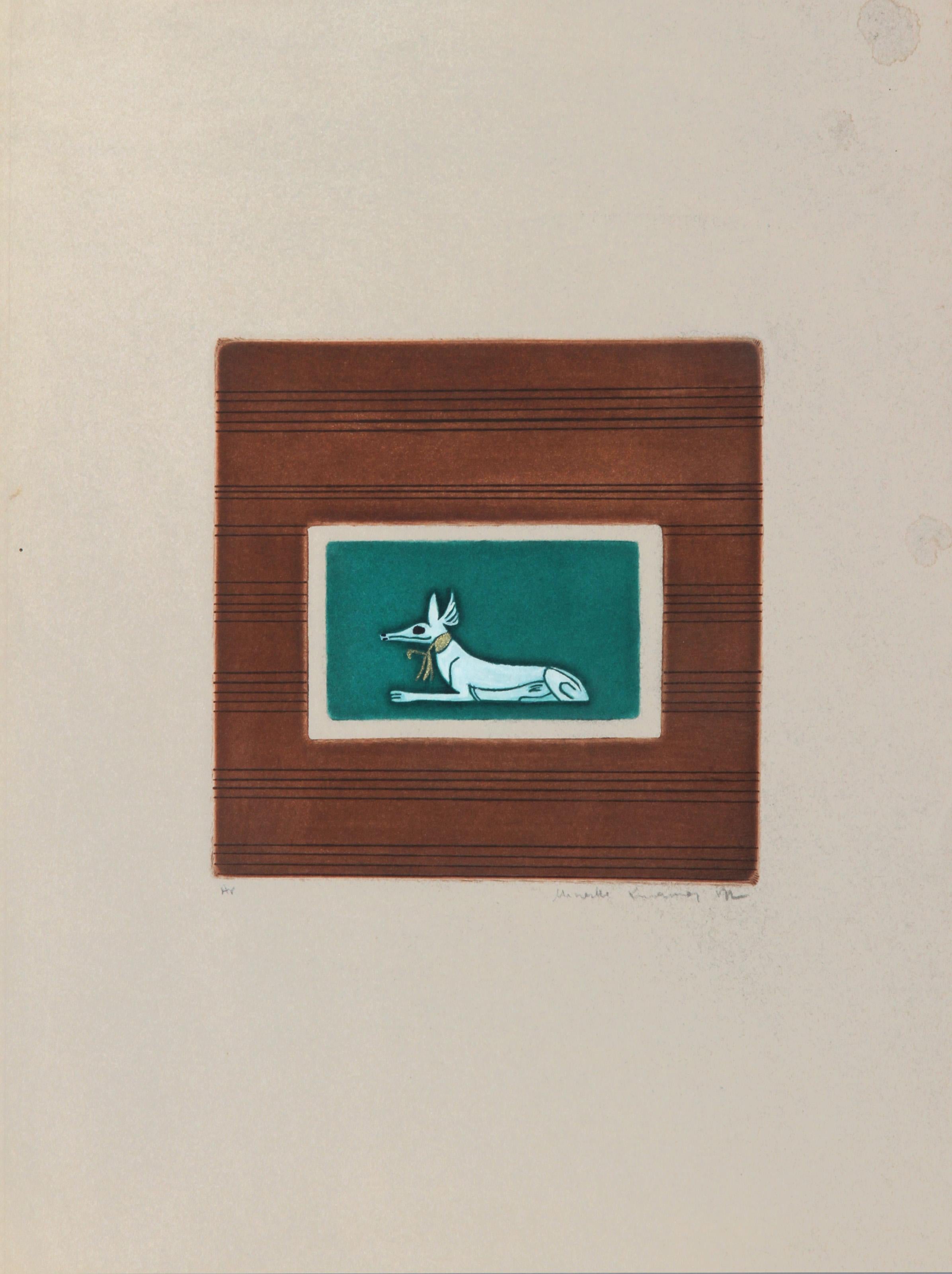 Egyptian Theme 4, Folk Art Aquatint Etching by Mireille Kramer