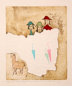 Rain Storm, Folk Art Aquatint Etching by Mireille Kramer