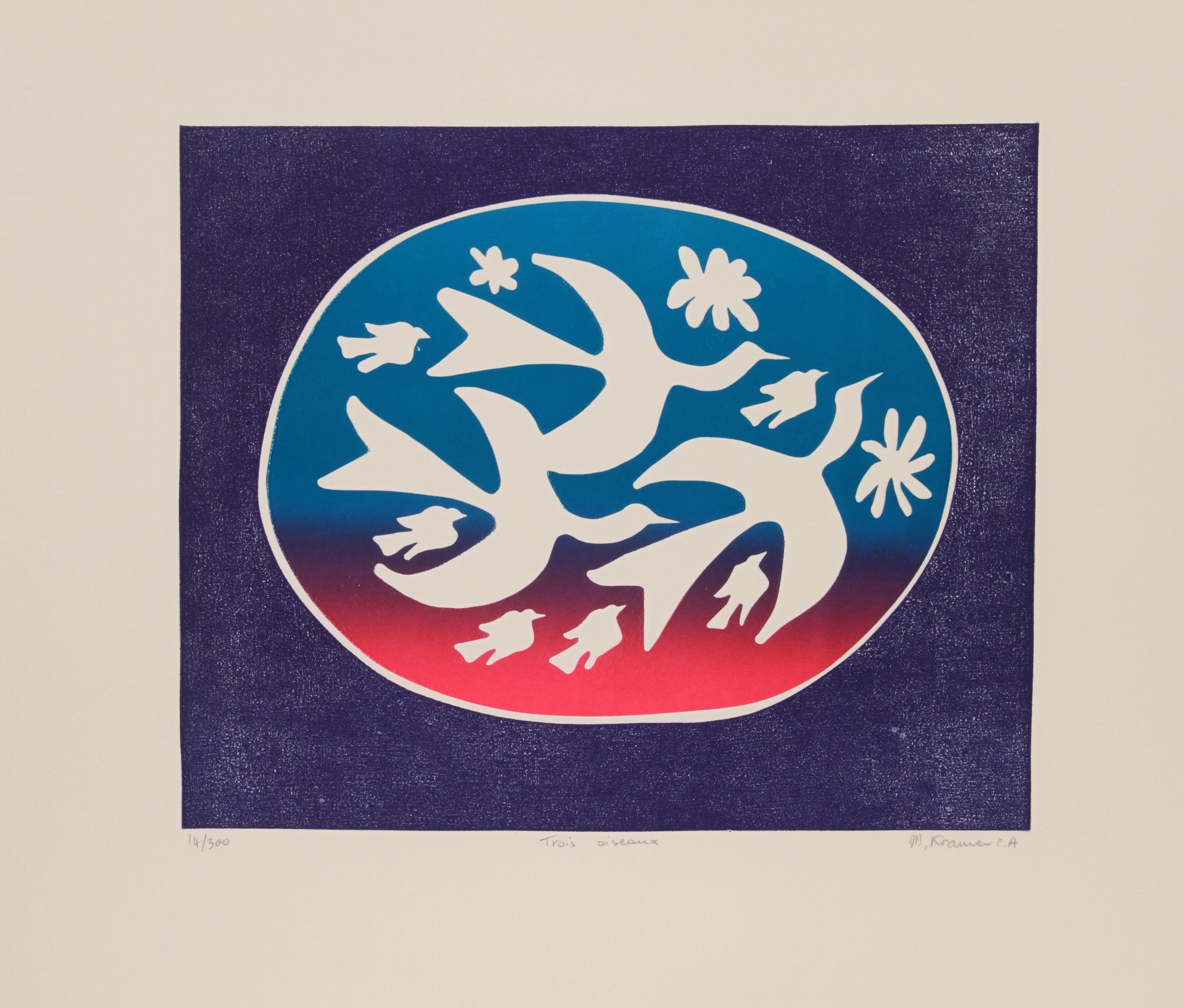 Trois Oiseaux, Volkskunst-Radierung von Mireille Kramer