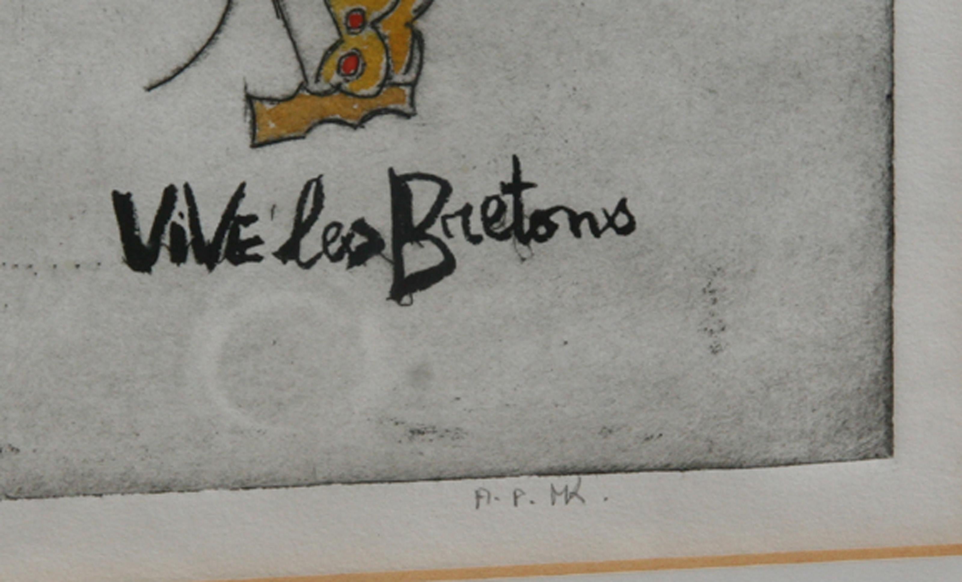 Vive Les Bretons, Folk Art Aquatint Etching by Mireille Kramer For Sale 1