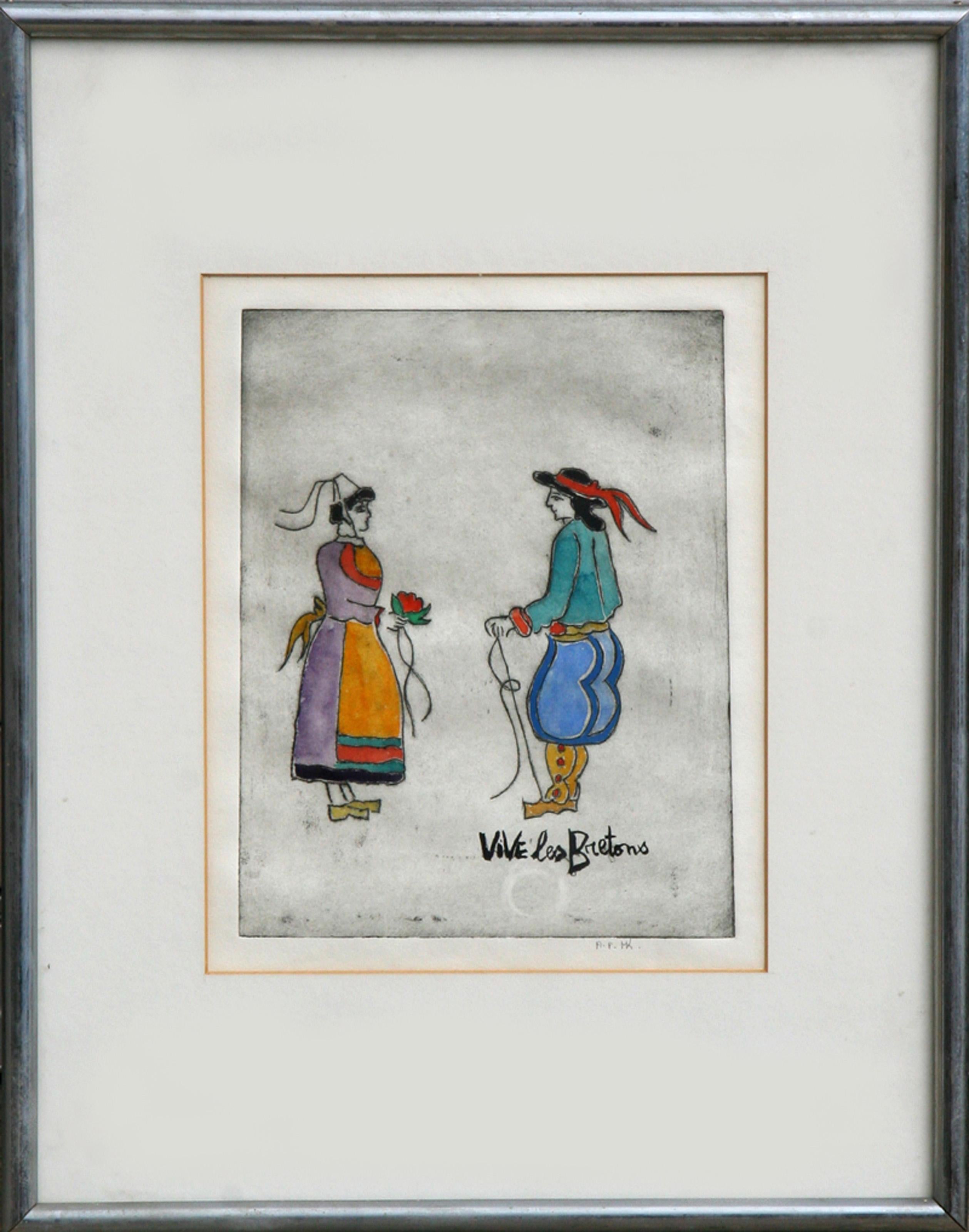 Vive Les Bretons, Folk Art Aquatint Etching by Mireille Kramer