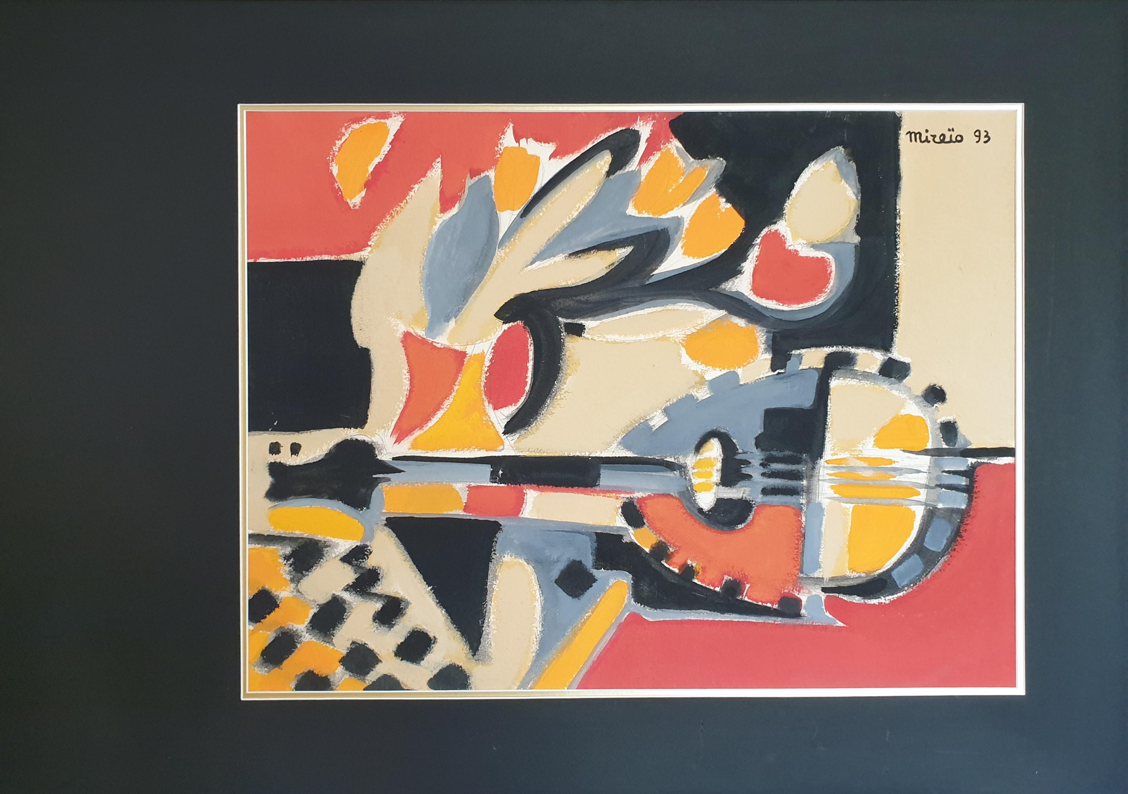 'Tulipes, Mandoline et Echiquier', French Synthetic Late Cubist Gouache on Paper For Sale 6