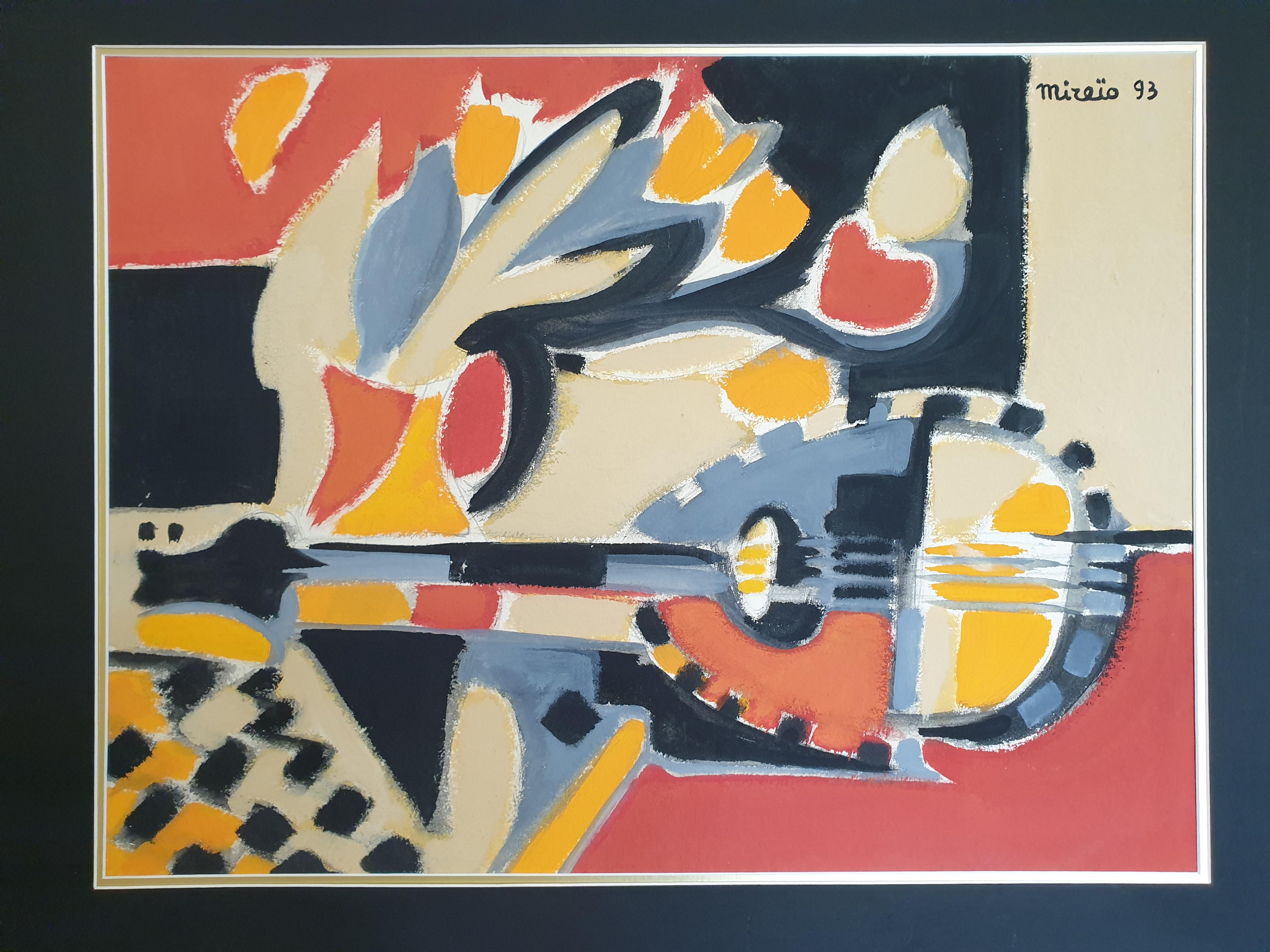 'Tulipes, Mandoline et Echiquier', French Synthetic Late Cubist Gouache on Paper For Sale 11