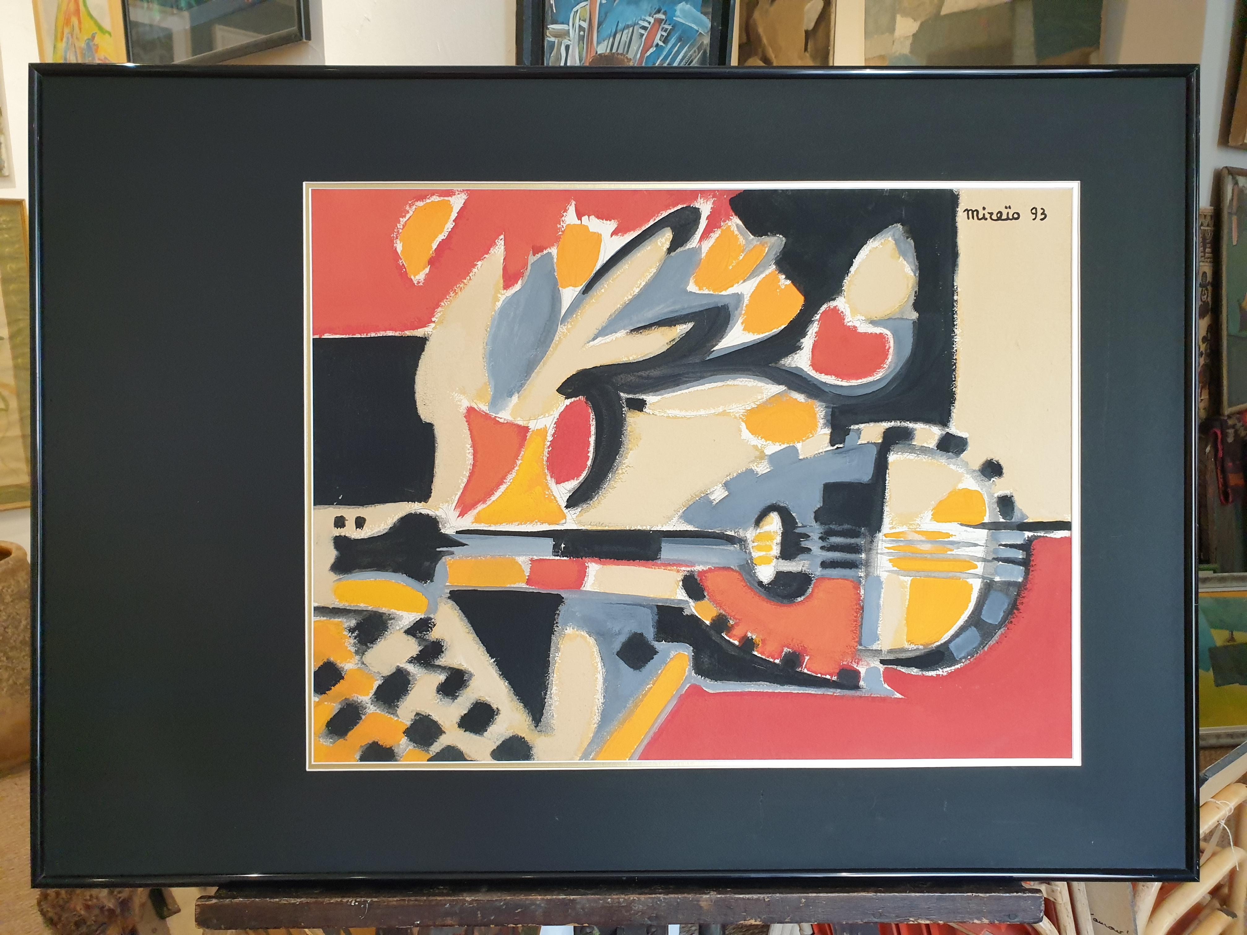 'Tulipes, Mandoline et Echiquier', French Synthetic Late Cubist Gouache on Paper For Sale 12
