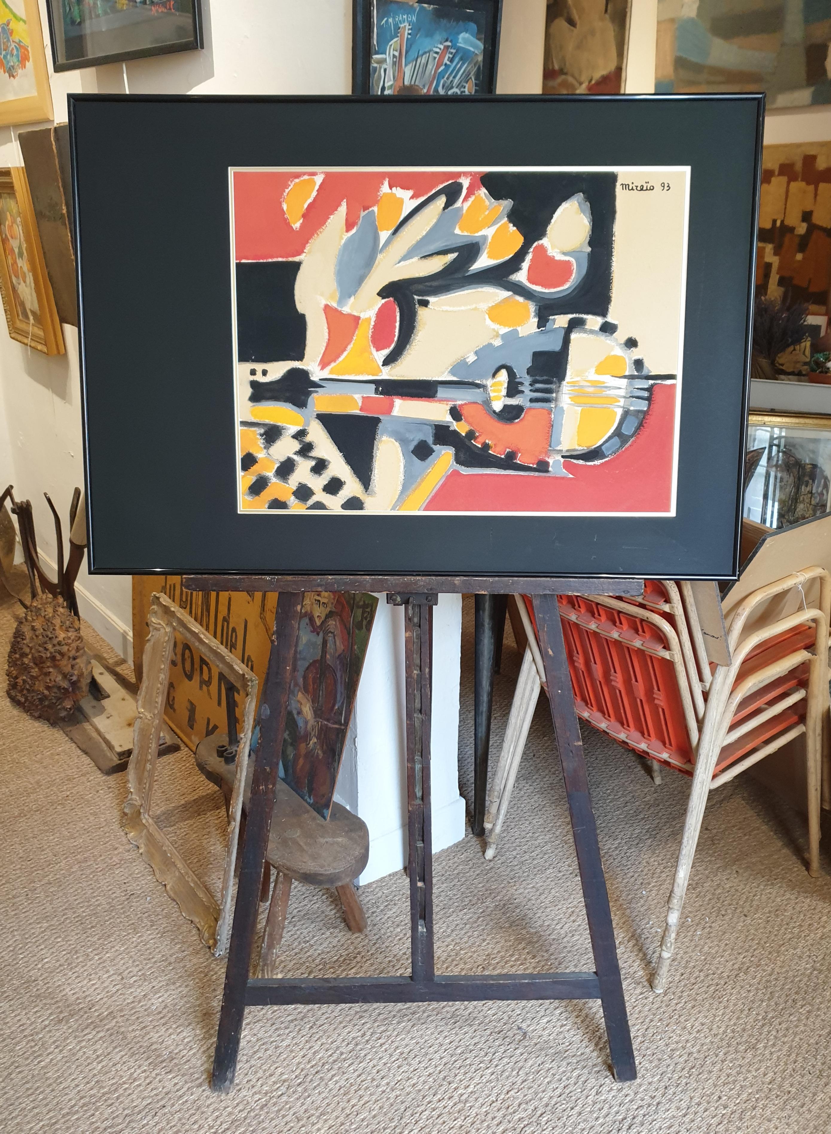 'Tulipes, Mandoline et Echiquier', French Synthetic Late Cubist Gouache on Paper For Sale 13