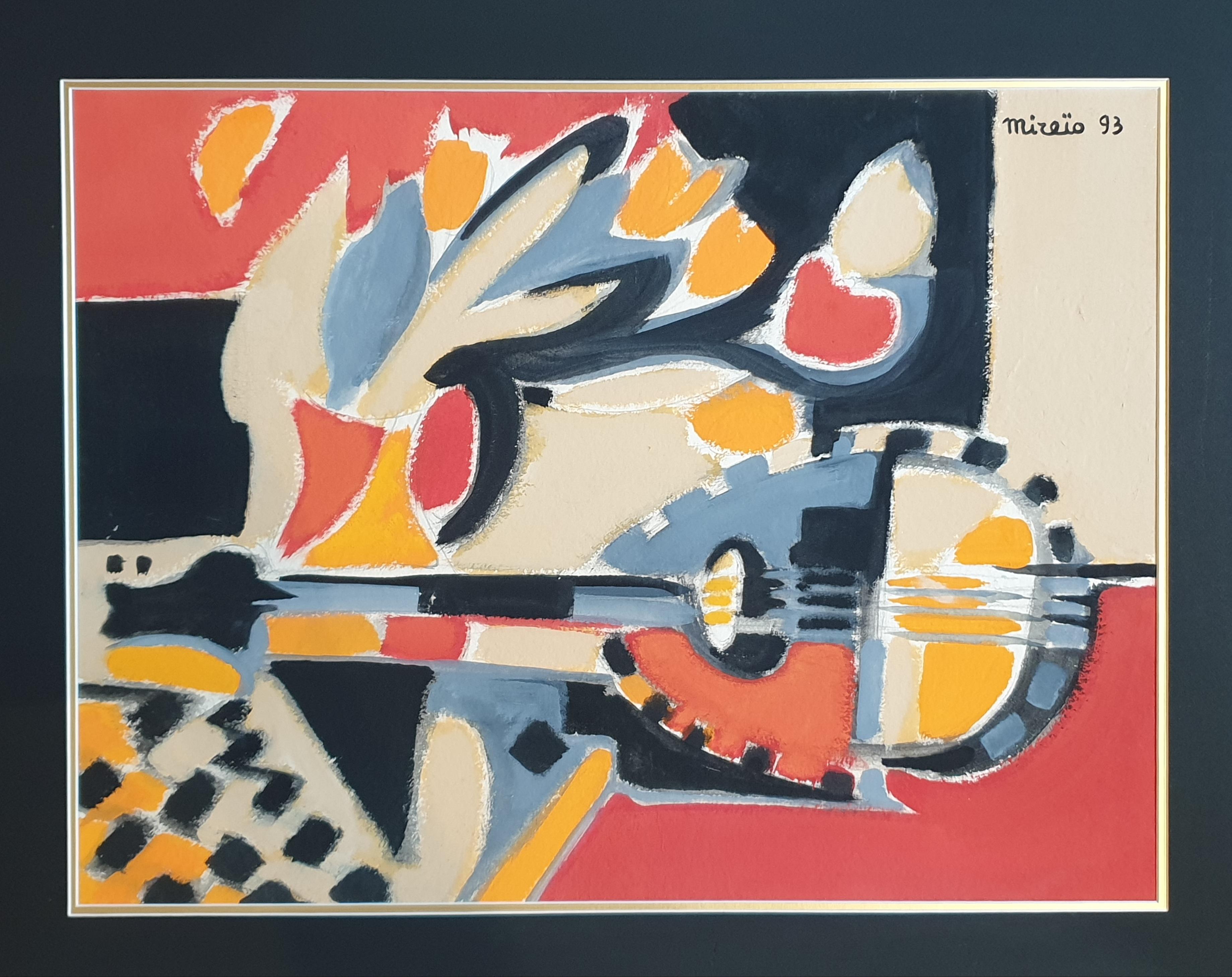 „Tulipes, Mandoline et Echiquier“, französische synthetische kubistische Gouache auf Papier – Art von Mireïo