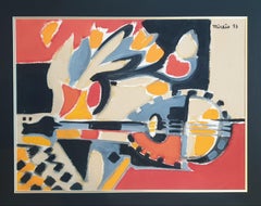 'Tulipes, Mandoline et Echiquier', French Synthetic Late Cubist Gouache on Paper