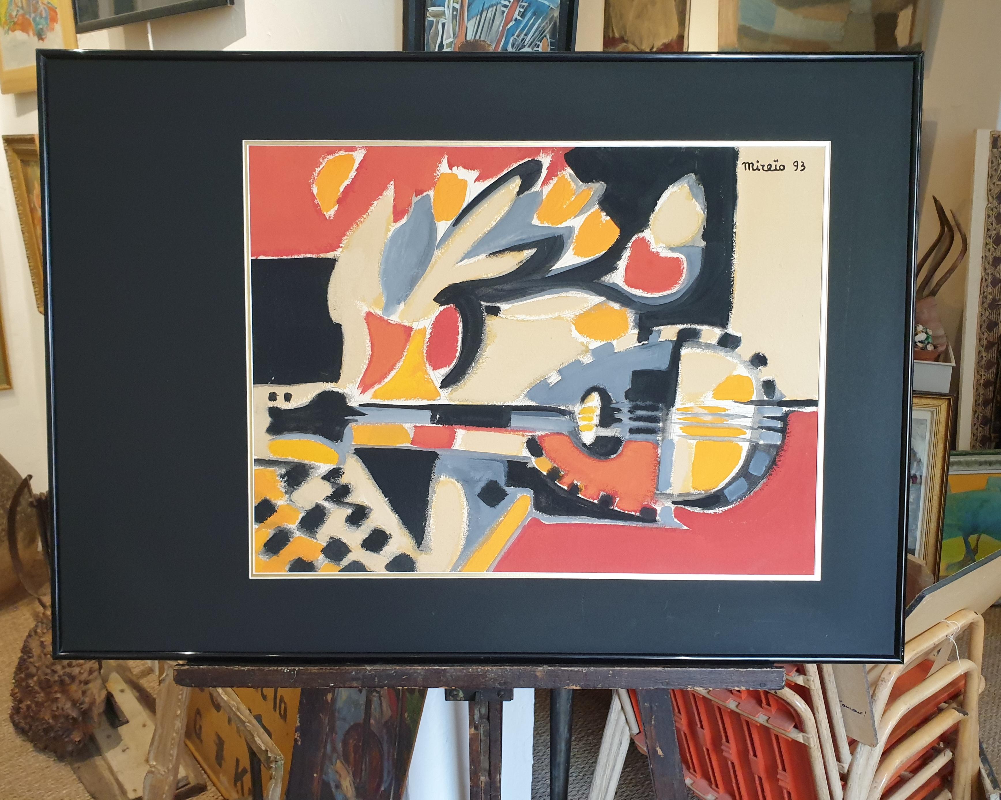 'Tulipes, Mandoline et Echiquier', French Synthetic Late Cubist Gouache on Paper For Sale 5