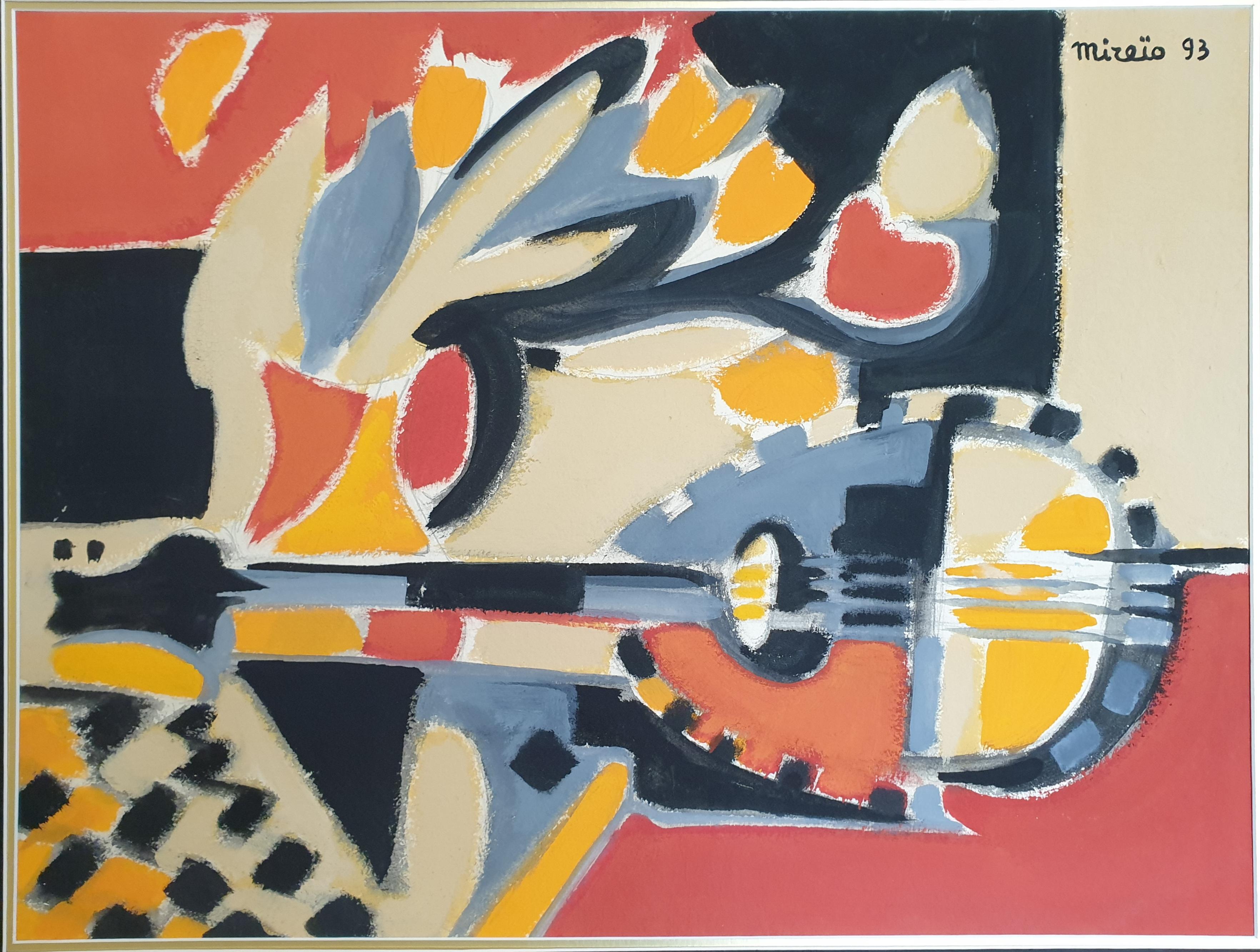 Mireïo Still-Life - 'Tulipes, Mandoline et Echiquier', French Synthetic Late Cubist Gouache on Paper