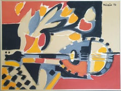 Retro 'Tulipes, Mandoline et Echiquier', French Synthetic Late Cubist Gouache on Paper