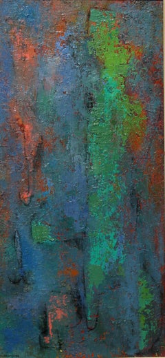 Abstracto en azul, verde y rojo, pintura al óleo moderna de Miriam Bromberg