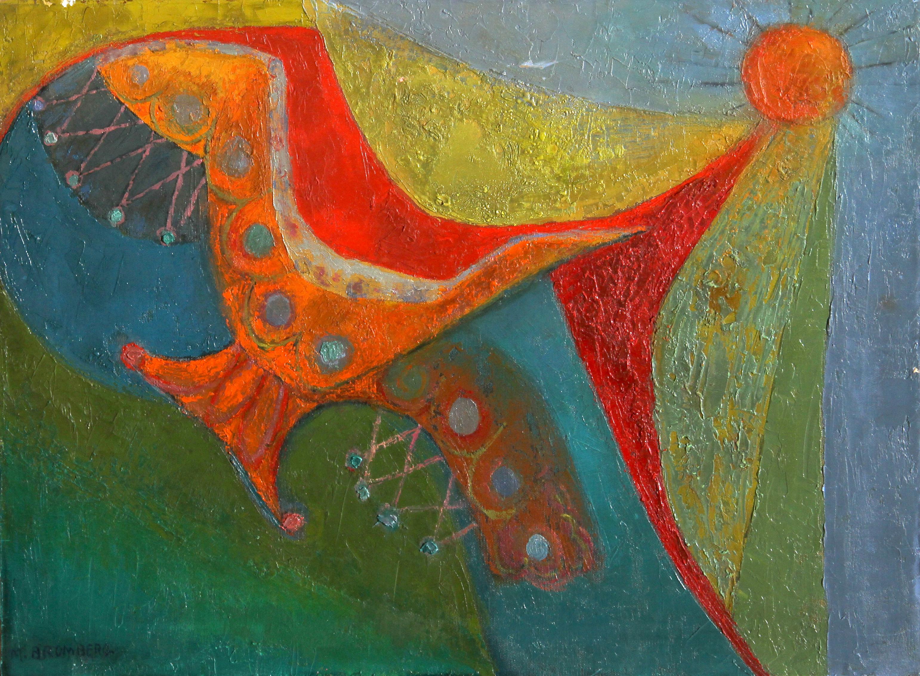 Artistics : Miriam Bromberg, Américaine XXème
Titre :  Oiseau et soleil
Moyen :  Huile sur toile, signée à gauche.
Taille :  18  x 24 in. (45.72  x 60.96 cm) 