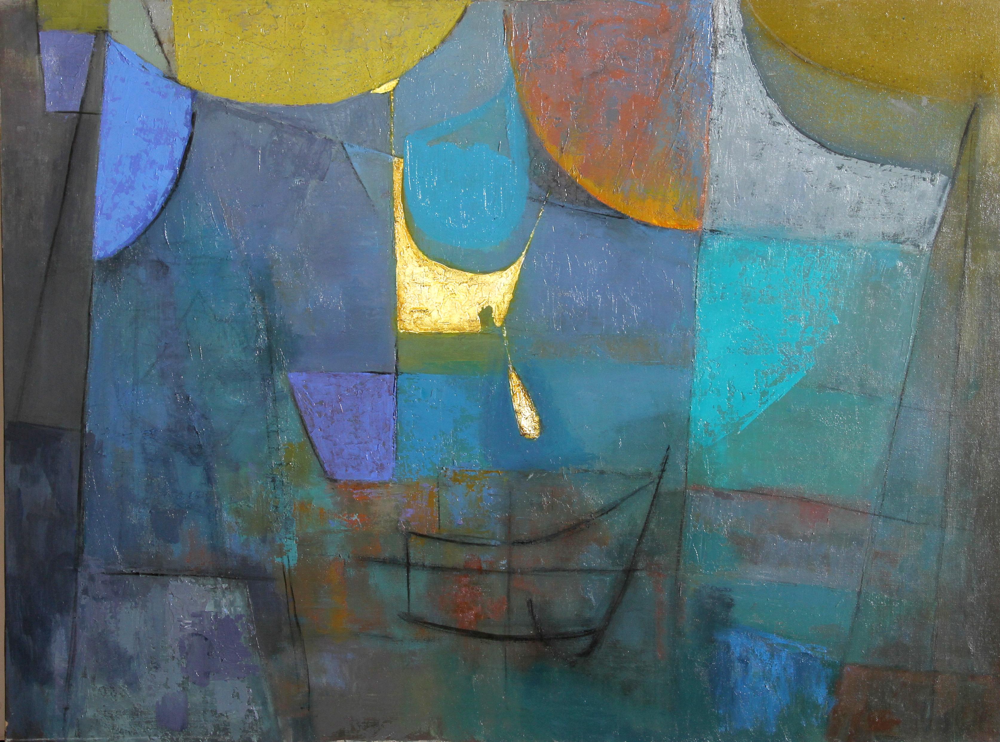 Blue Cubist Abstract, Oil Painting by Miriam Bromberg
