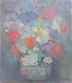 Vintage Multicolor Flowers III, Signed Floral Oil Painting by Miriam Bromberg