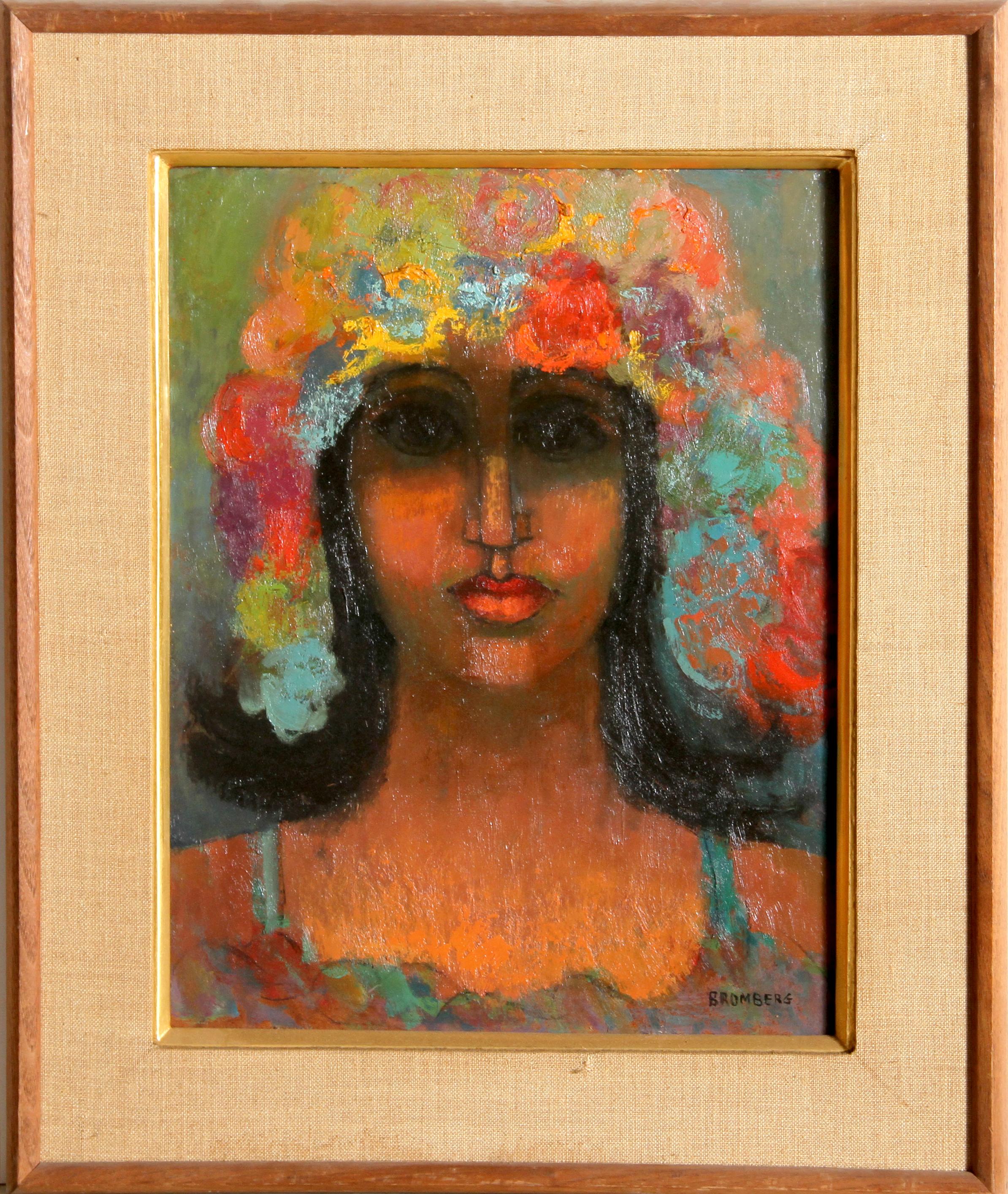 Self-Portrait avec chapeau à fleurs, peinture à l'huile impressionniste de Miriam Bromberg